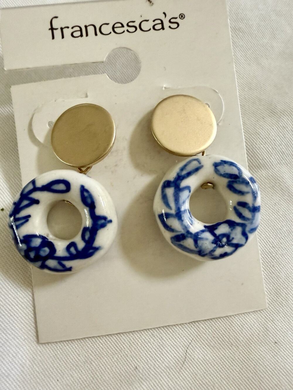 francesca's Gold Blue White Round Stud Earrings Fashion Jewelry